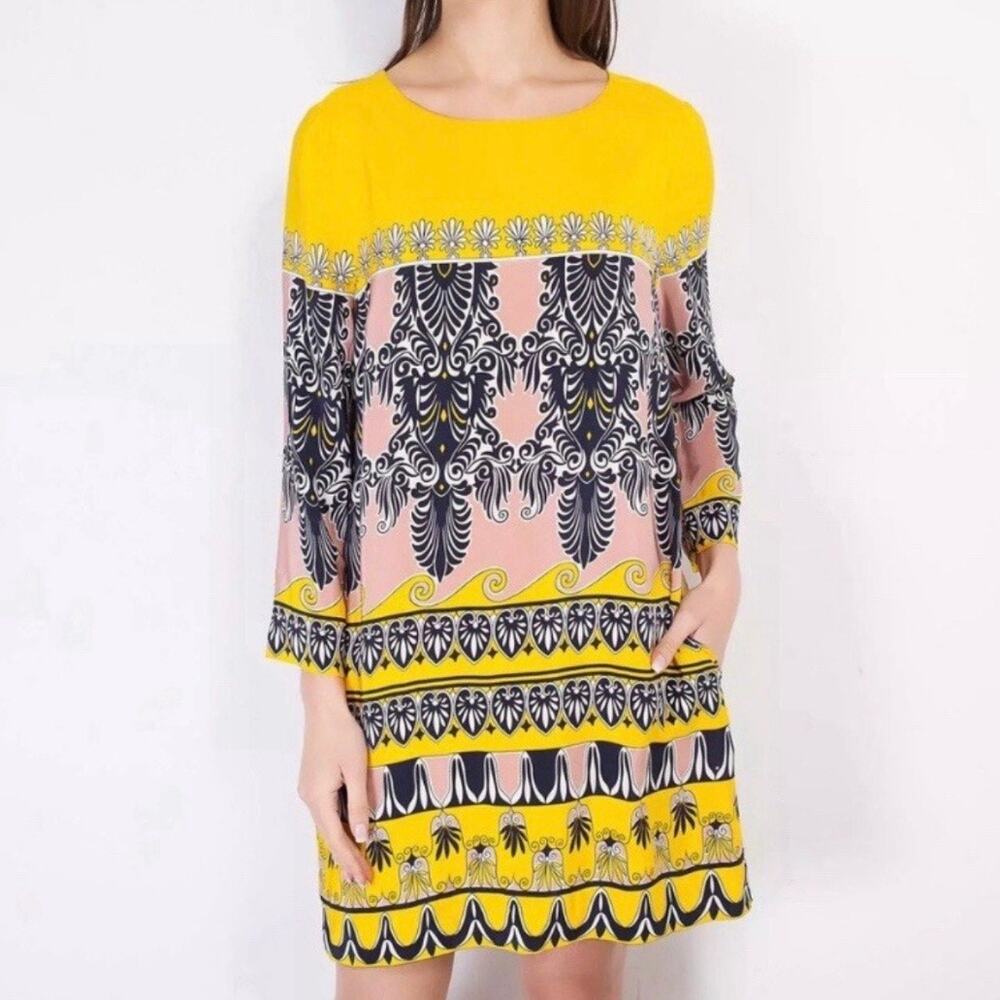 J. CREW | Tunic Shift Dress Navy Blue Yellow 3/4 Sleeve Lined Silk | Size‎ 6
